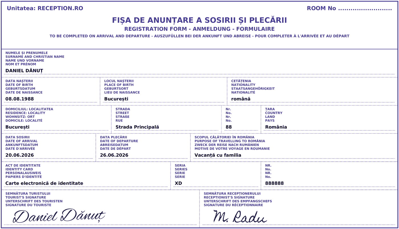 Fișă de anunțare a sosirii și plecării, completată și semnată